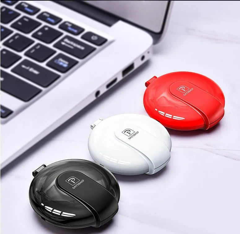 Black 3-in-1 magnetic retractable charger with car mount patch and universal phone plugs