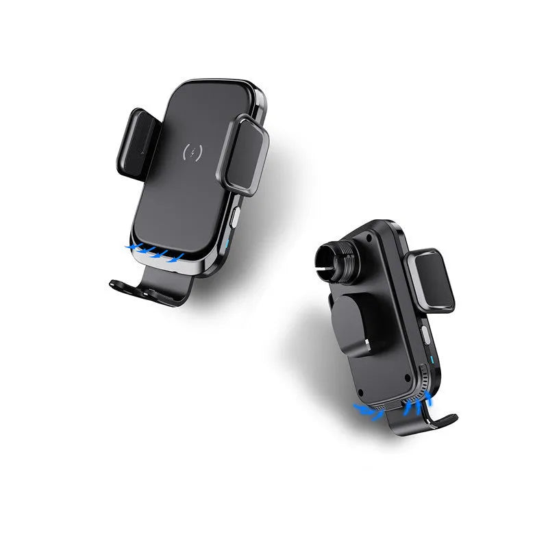 Black car wireless charger with suction cup mount on a car dashboard, ABS joint rod visible