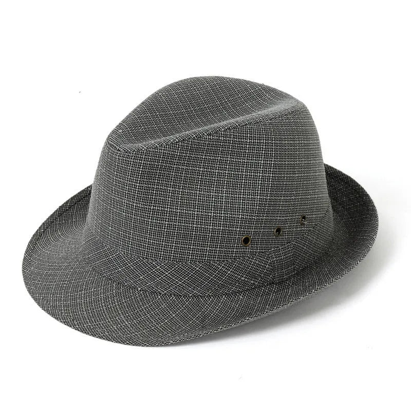 Classic brown fedora hat for men with a reinforced brim, shown on a wooden stand.