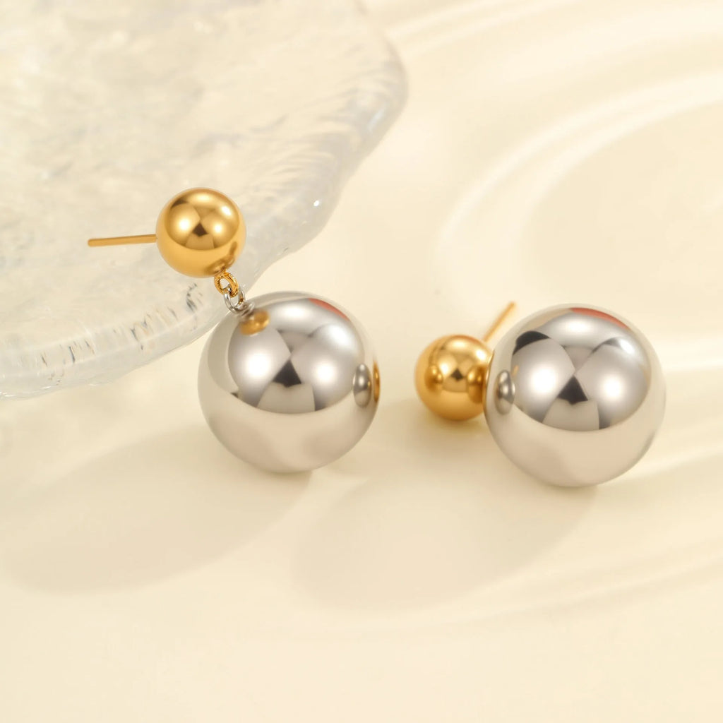 Round bead stainless steel colour-block ear studs with geometric design and electroplated finish