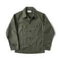 Men's olive green cotton satin slim fit work shirt with cardigan style front