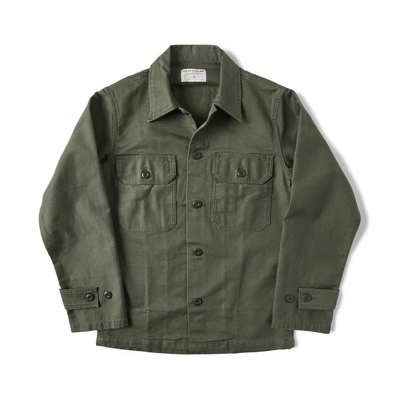 Men's olive green cotton satin slim fit work shirt with cardigan style front