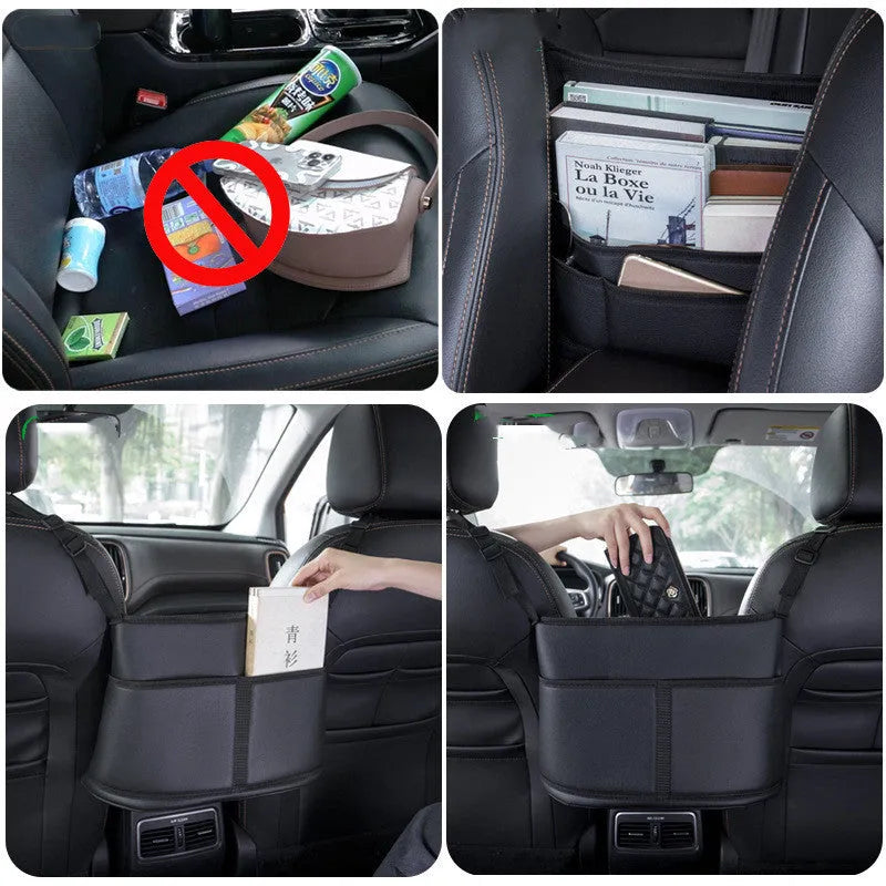 Black leather car seat storage bag with a carbon fibre pattern, shown in a vehicle seat gap.