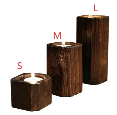 Set of three solid wood candle holders in natural paulownia with charcoal finish, small 5cm, medium 10cm, large 15cm, square top 6x6cm