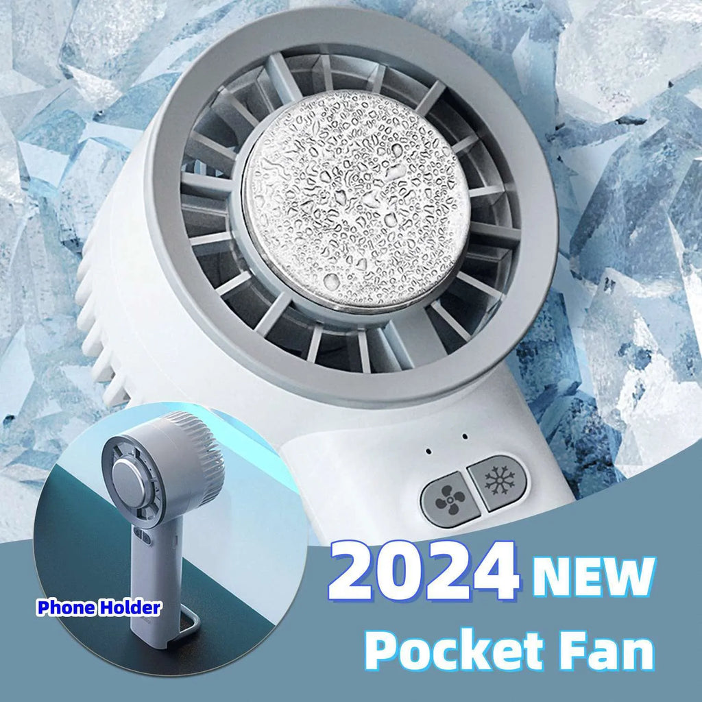 White handheld turbo jet fan with touch controls showing three speed settings and ice cooling function