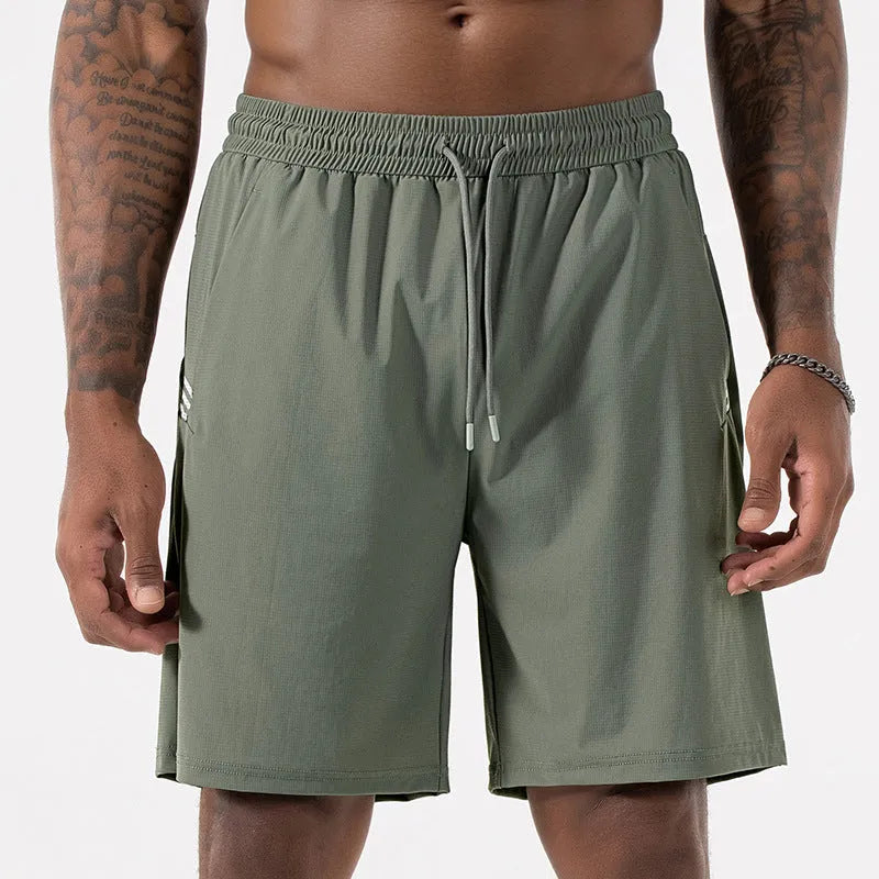 Men's black ice silk quick-drying shorts with drawstring waist and cropped length for sports activities