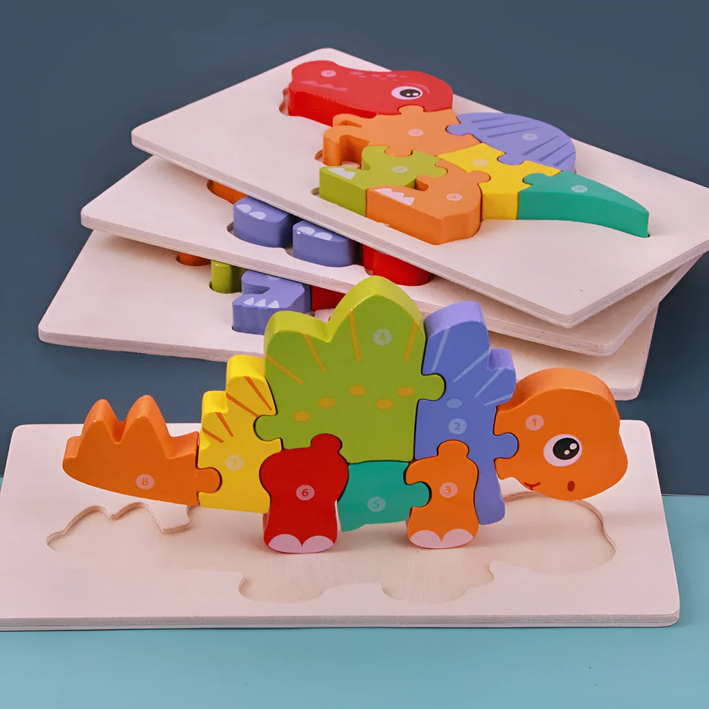 Wooden building blocks for children's 3D dinosaur puzzles including T-Rex and Triceratops