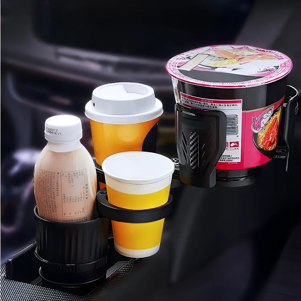 Black ABS car water cup holder with a retractable adjustable base on a car centre console.