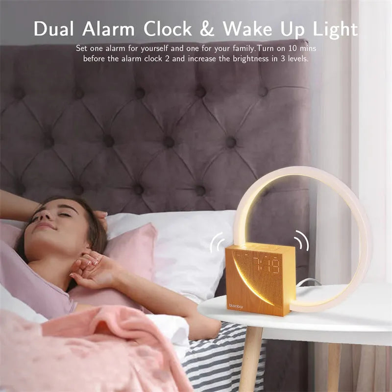 Multifunctional bedside table lamp with digital alarm clock display and touch controls for brightness and natural sounds