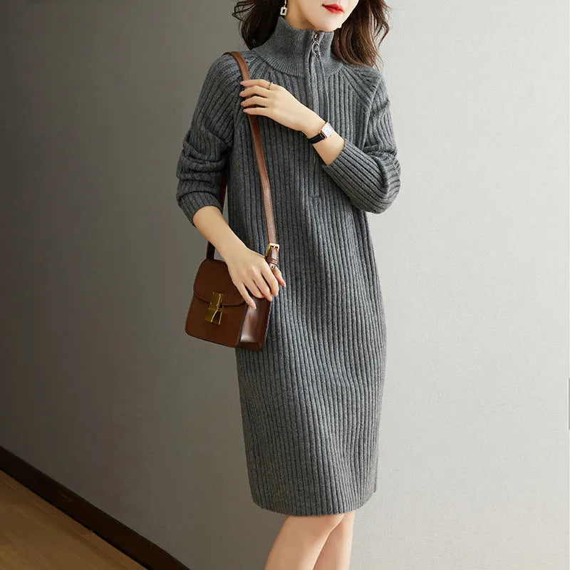 Beige woolen skirt with half zipper front and stand collar in loose casual straight dress style