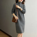 Beige woolen skirt with half zipper front and stand collar in loose casual straight dress style