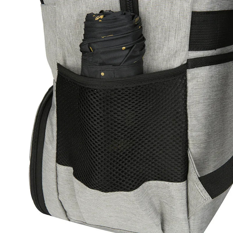 Light grey Oxford cloth insulated backpack with curved shoulder straps and a pull rod belt.