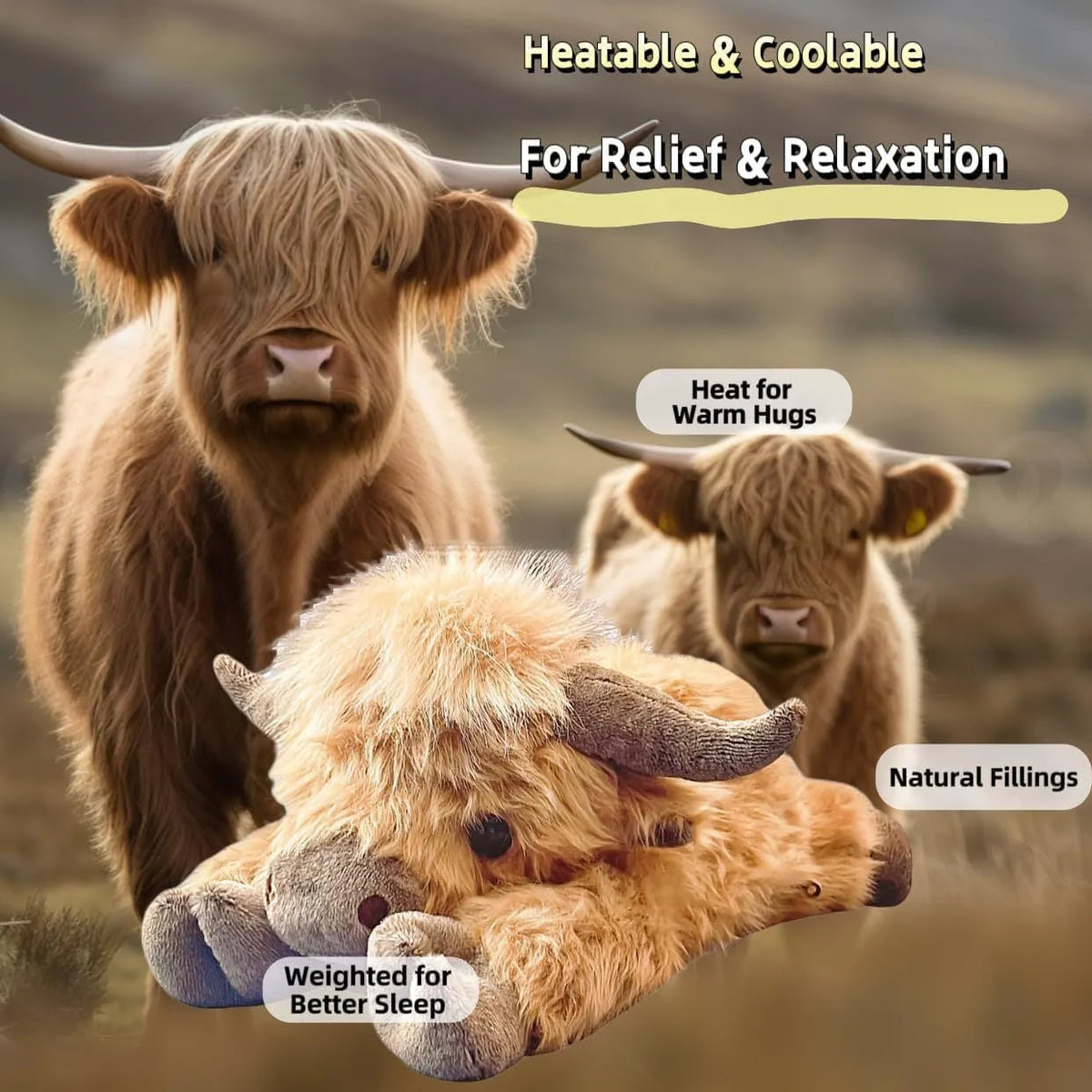 Highland cow plush toy in short plush, 35cm x 15cm x 13cm, American style 3D printed decoration.