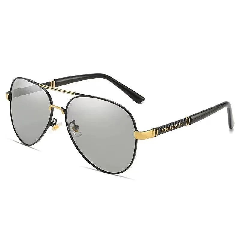 Men’s polarized metal sunglasses with grey lenses, black frame and dragon phoenix detail