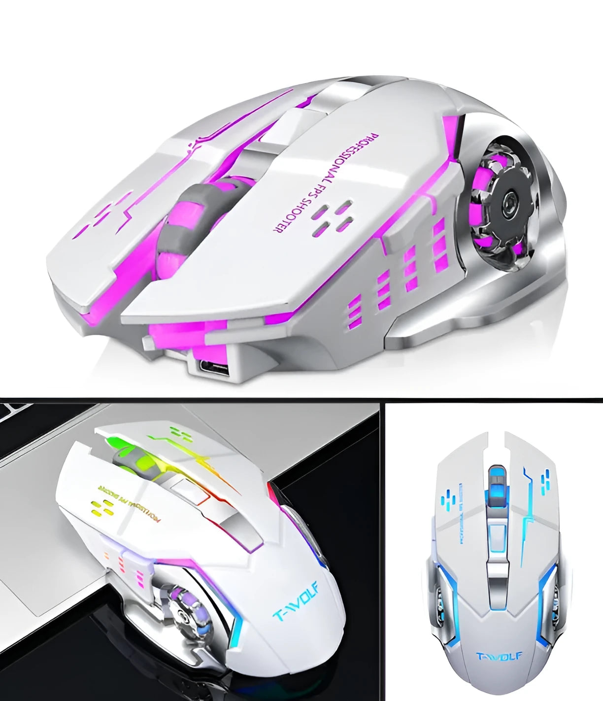 Wireless silent click mouse with 6 programmable keys showing black and white colour options