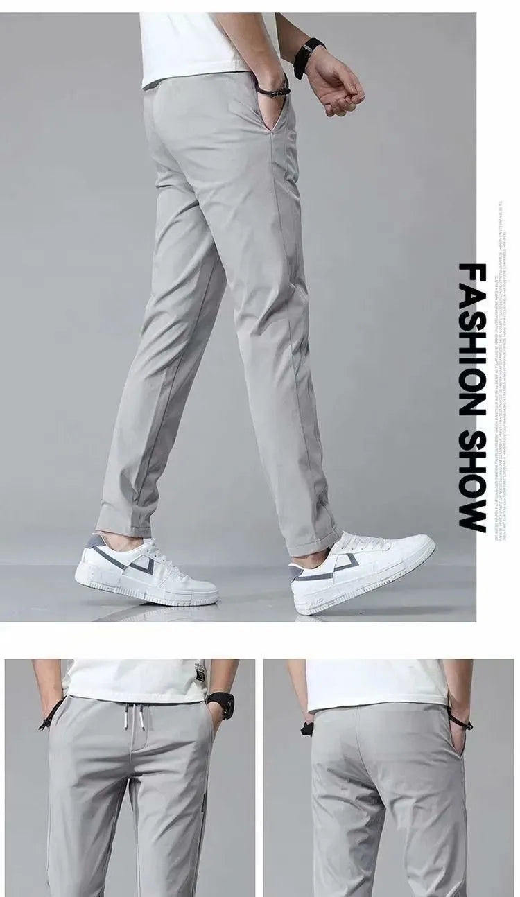 Men's loose straight drawstring sweatpants in khaki, summer casual thin trousers Korean version
