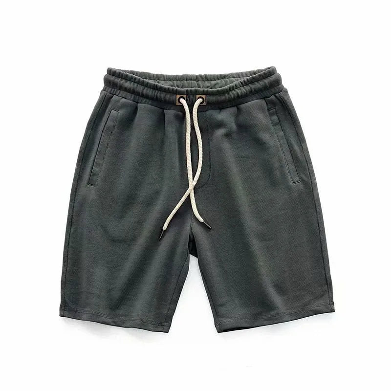 Men's retro loose knitted shorts in polyester, long leg, mid-waist, available in khaki, grey, and black, sizes M to XXXL