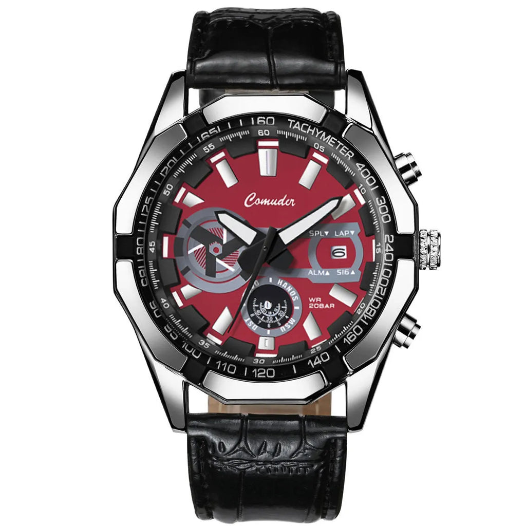 Men's large dial waterproof luminous sports watch, 10mm thick, silver steel or black leather strap, blue red or black face