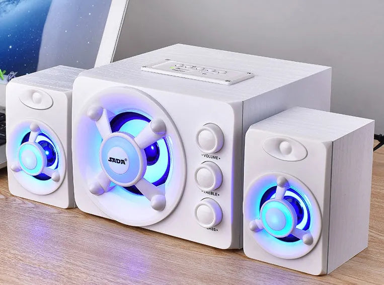 Desktop home speakers in black or white with 3.5mm audio cable, USB power, Bluetooth, USB and TF card playback.