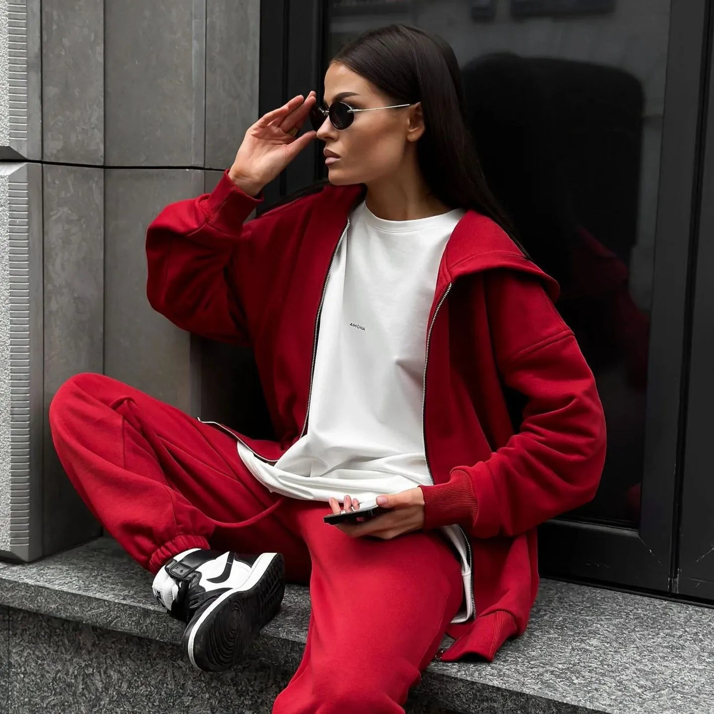 Women's loose fit street style two-piece set with long sleeve coat and trousers in solid colour