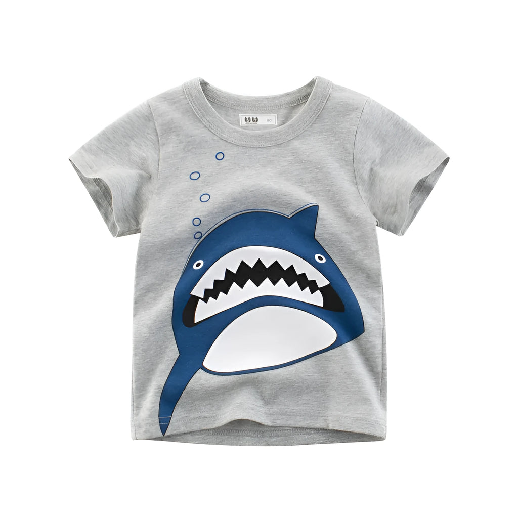 Grey children's cotton T-shirt shown with a size chart indicating Asian measurements from 90cm to 140cm.