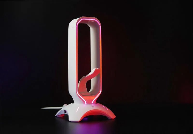 RGB gaming headphone stand in black with headset, measures 252.5x128.5x128.5mm