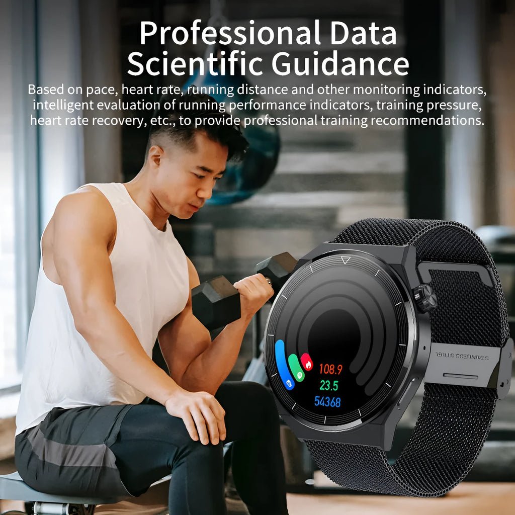 Black and silver smartwatch with silicone strap showing a heart rate monitoring display on its touchscreen.