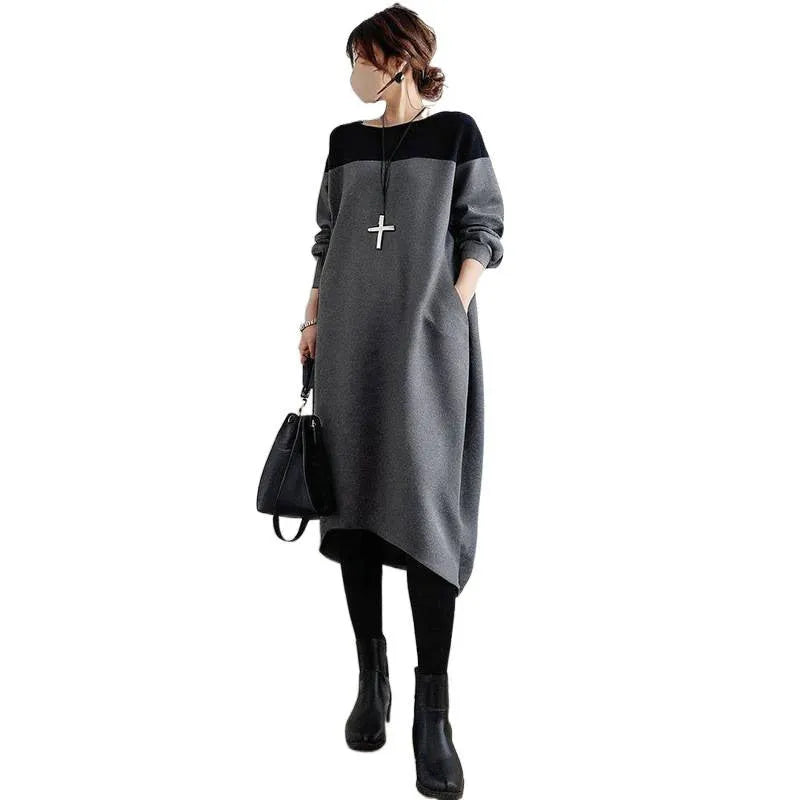 Loose oversized round neck patchwork dress for women, flutter sleeves, high waist pencil skirt, in gray colour