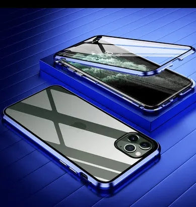 A closed clamshell phone case in blue glass with a geometric pattern, next to an iPhone showing the narrow viewing angle when open.