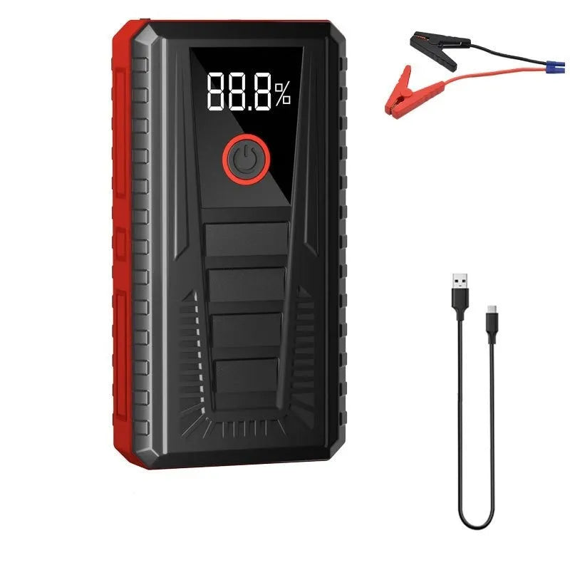 Portable car jump starter with 1500mAh battery, 1000A peak current, and storage bag for emergency ignition