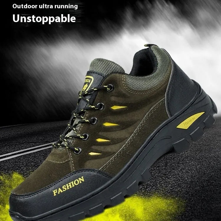 Men's brown suede hiking sneakers with rubber soles and lace-up design
