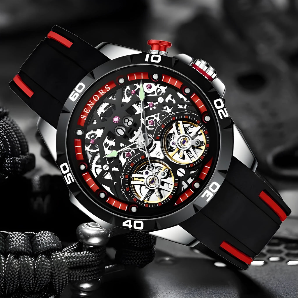 Men's automatic mechanical watch with luminous hands and hollow skeleton dial in blue colour