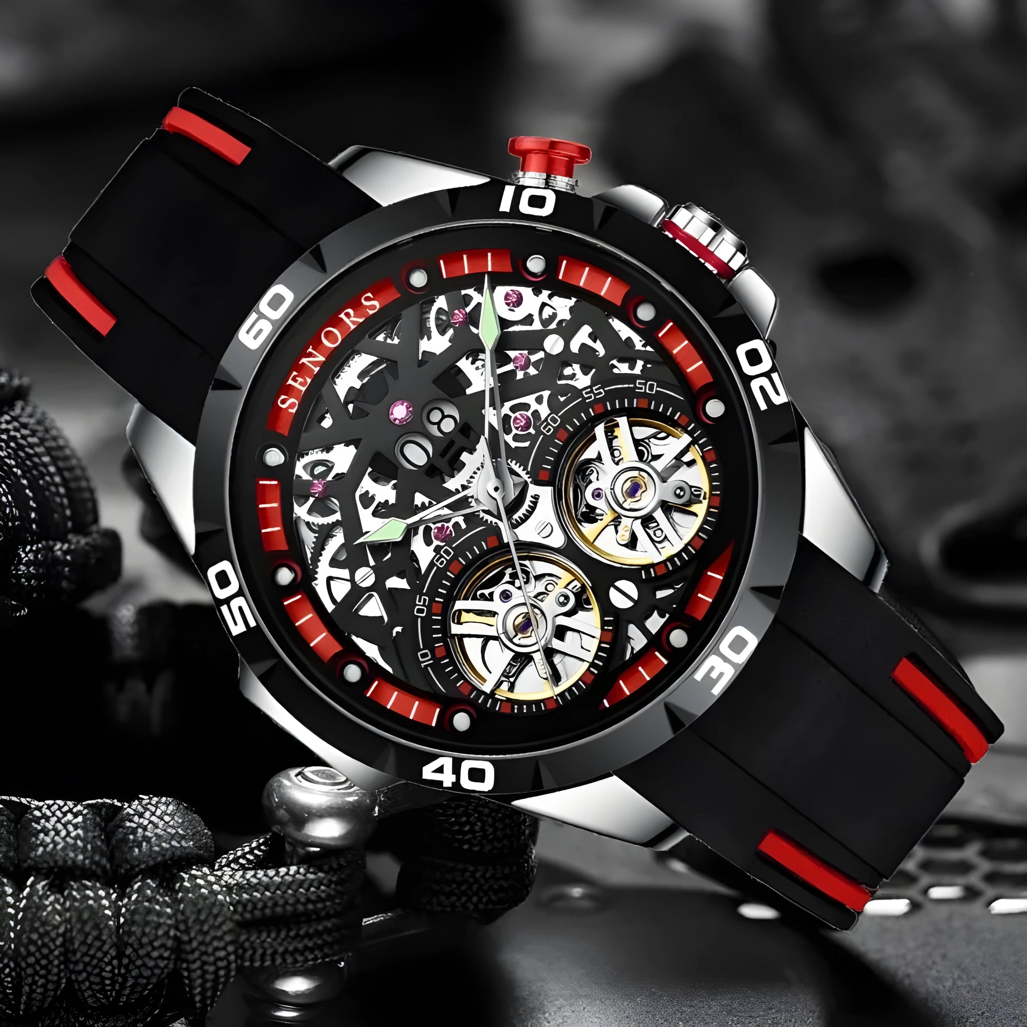 Men's automatic mechanical watch with luminous hands and hollow skeleton dial in blue colour