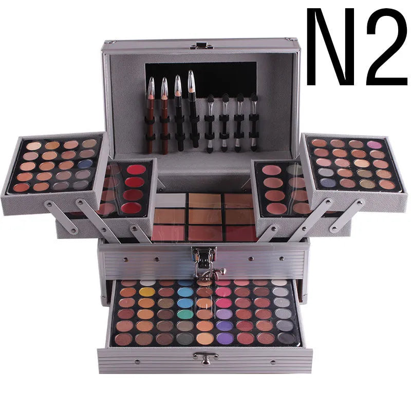 Multifunctional makeup kit case with 94 colour eye shadows, concealers, lipsticks, and blushers in earth tones and national fashion colours.
