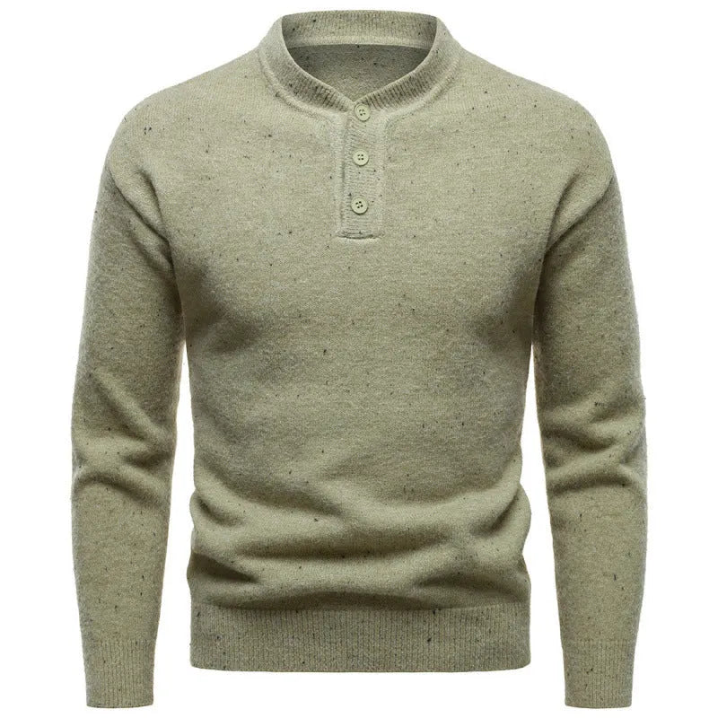Men's Henry stand collar snowflake dot pattern sweater in black with batwing sleeves and ribbed hem