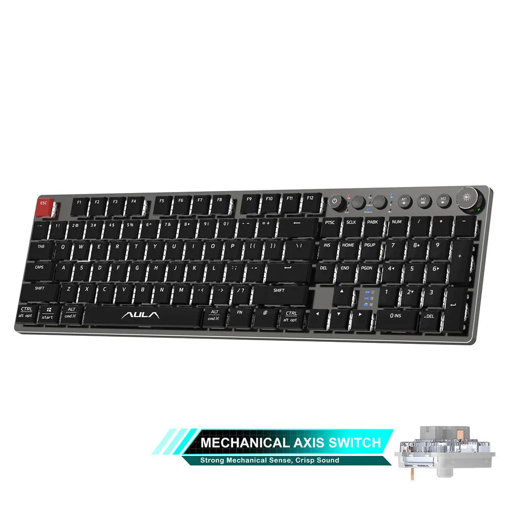 Wireless mechanical keyboard with 104 keys, black shaft, blue backlight, slim profile on desk