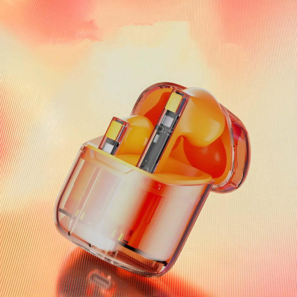 YX06 Wireless TWS Headphones in black, white, orange, and green with a transparent charging case.