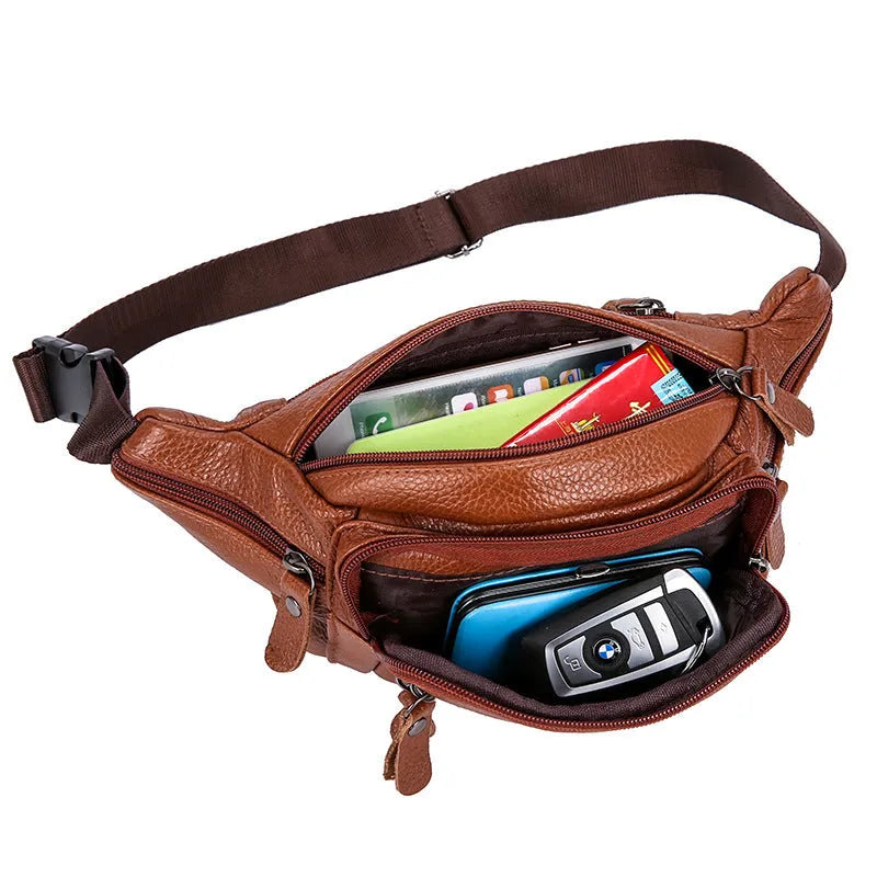 Cowhide men's belt bag in brown leather, horizontal square shape with zipper, size 23x13x8cm on model