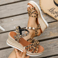 Light brown suede women's platform sandals with a buckle ankle strap and open toe.