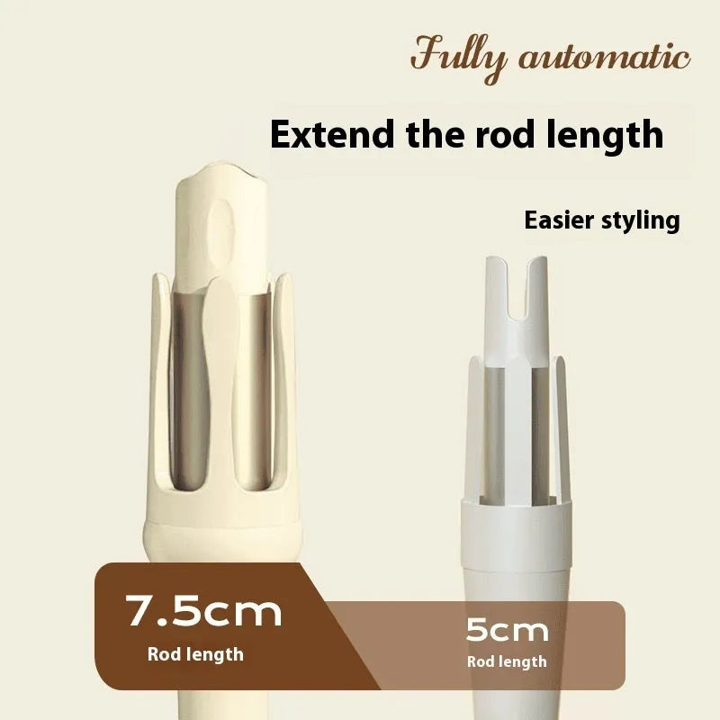 White and pink automatic hair curler with a 32mm rotating ceramic barrel and clamp, resting on a table with international power adapters.