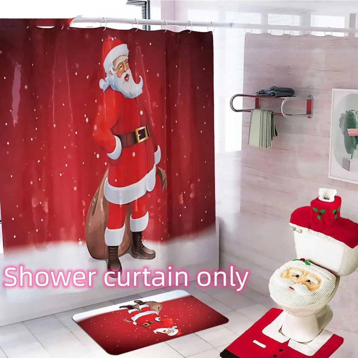 Christmas bathroom decoration set with Santa Claus shower curtain, toilet cover, and non-slip flannel floor mat