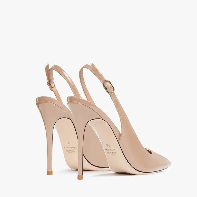 Women's nude soft leather ankle-strap high heels with hollow heel design and button closure