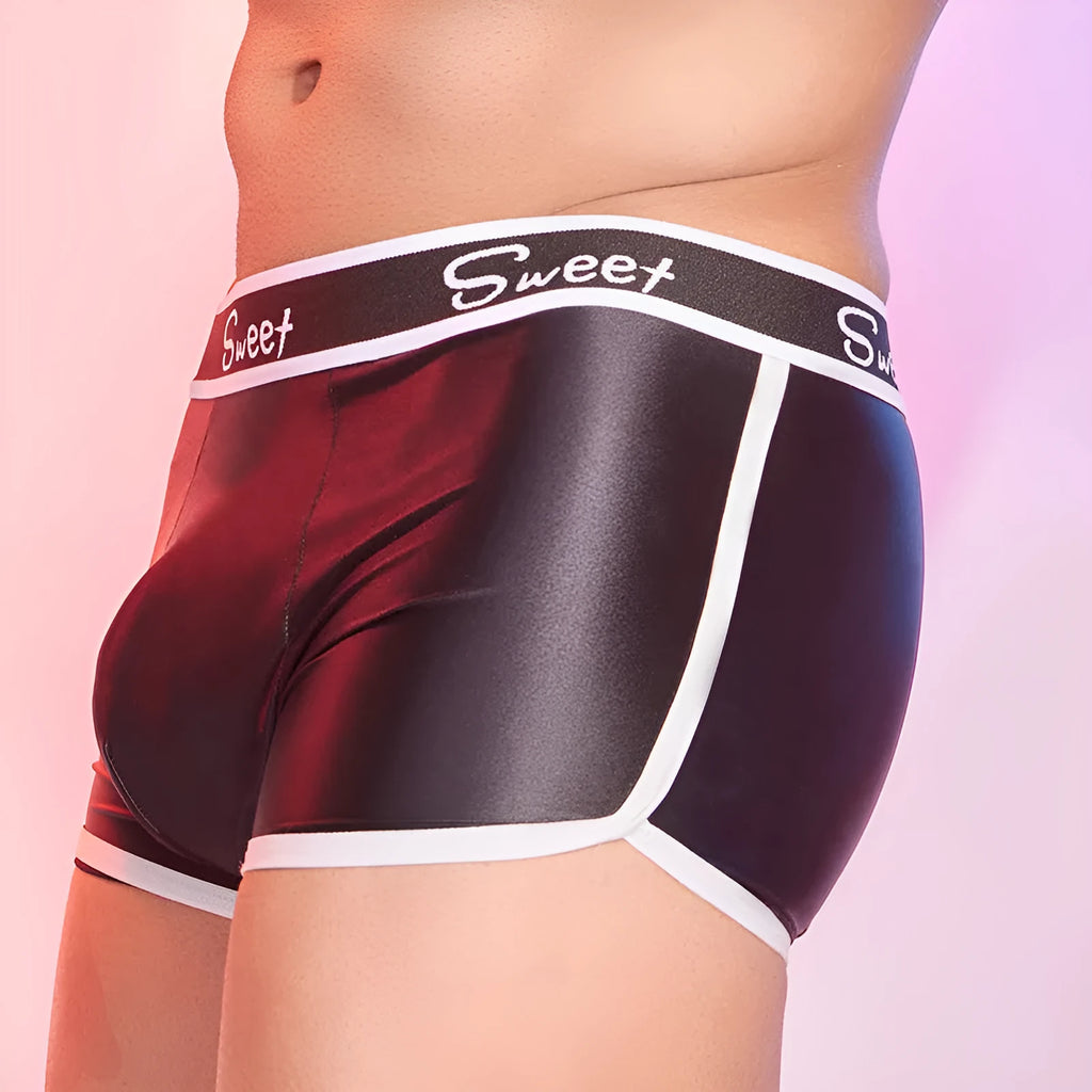 Men's silky nylon boxers in black, white, and blue colours with shiny finish