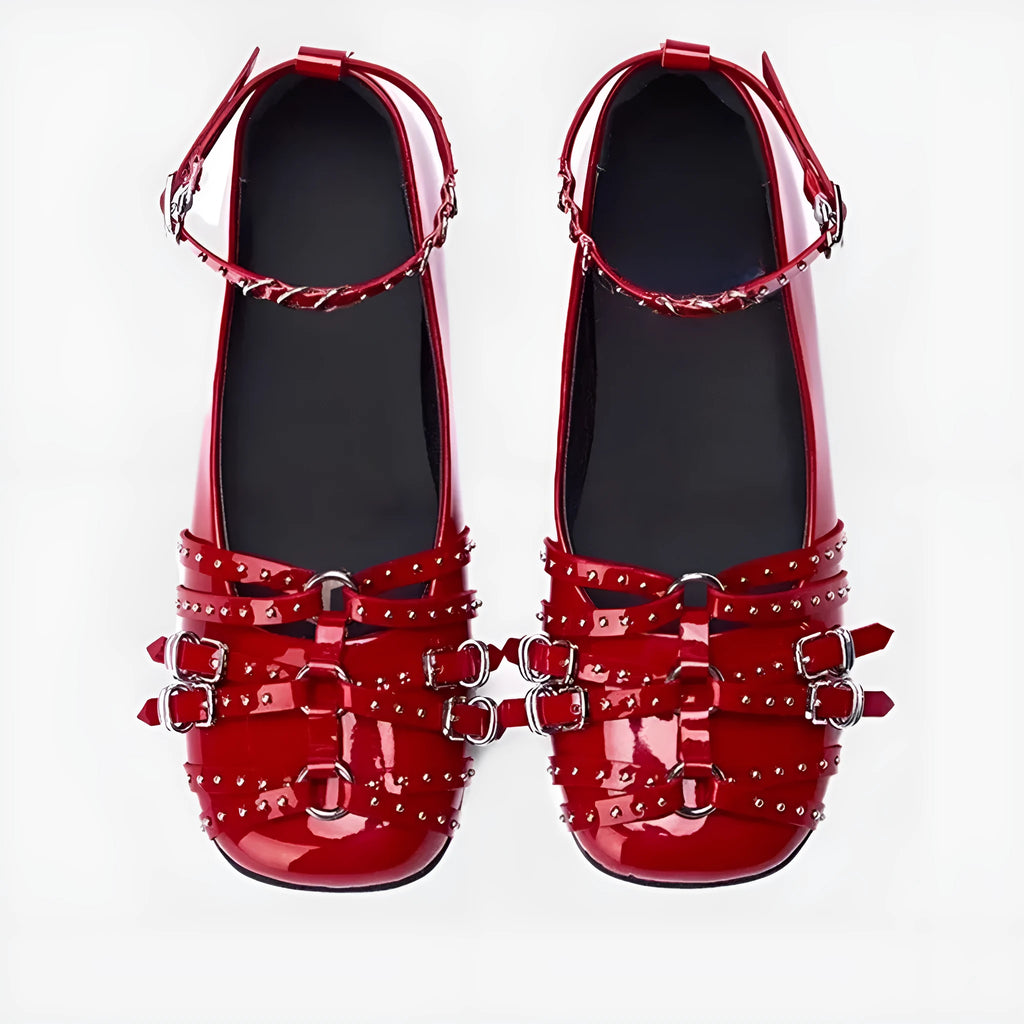 Women's black genuine leather retro flat shoes with buckle fastening and square toe design
