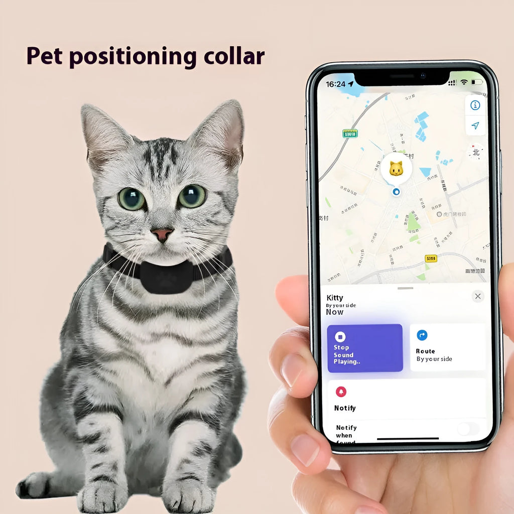 Adjustable pet GPS tracking collar with Bluetooth 5.2 in black, blue and pink colours for cats and puppies