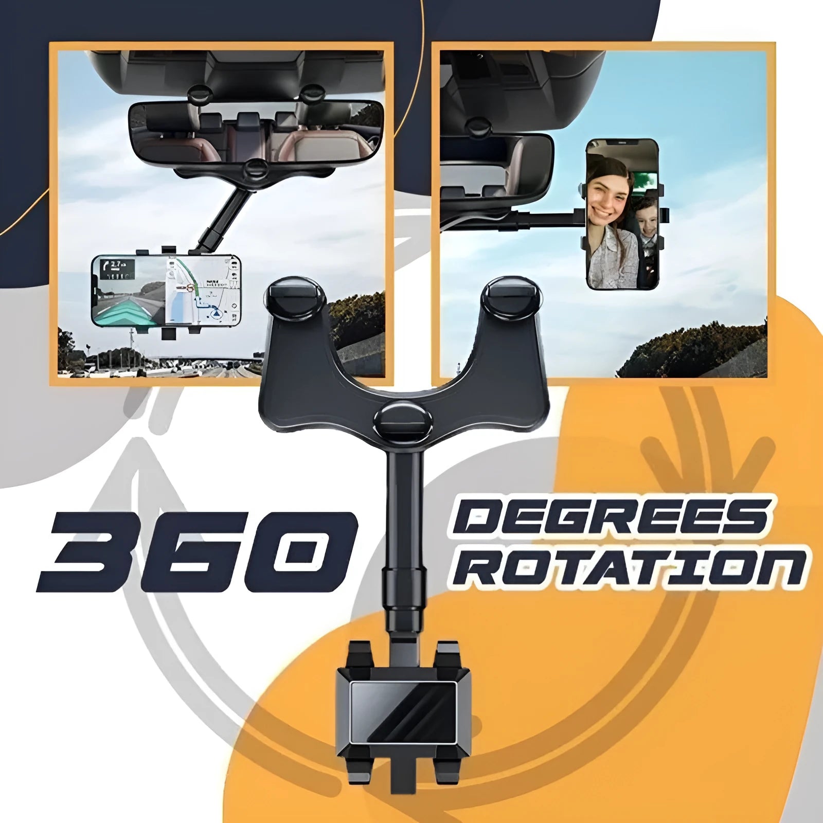 Black rearview mirror car phone holder extended, showing 360-degree rotation and four-claw phone grip.