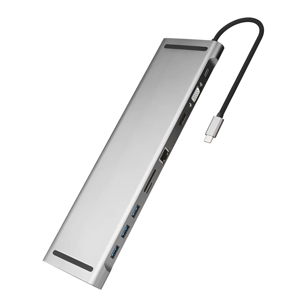 Grey aluminium alloy ten-port docking station hub with cooling bracket showing HDMI, VGA and USB ports