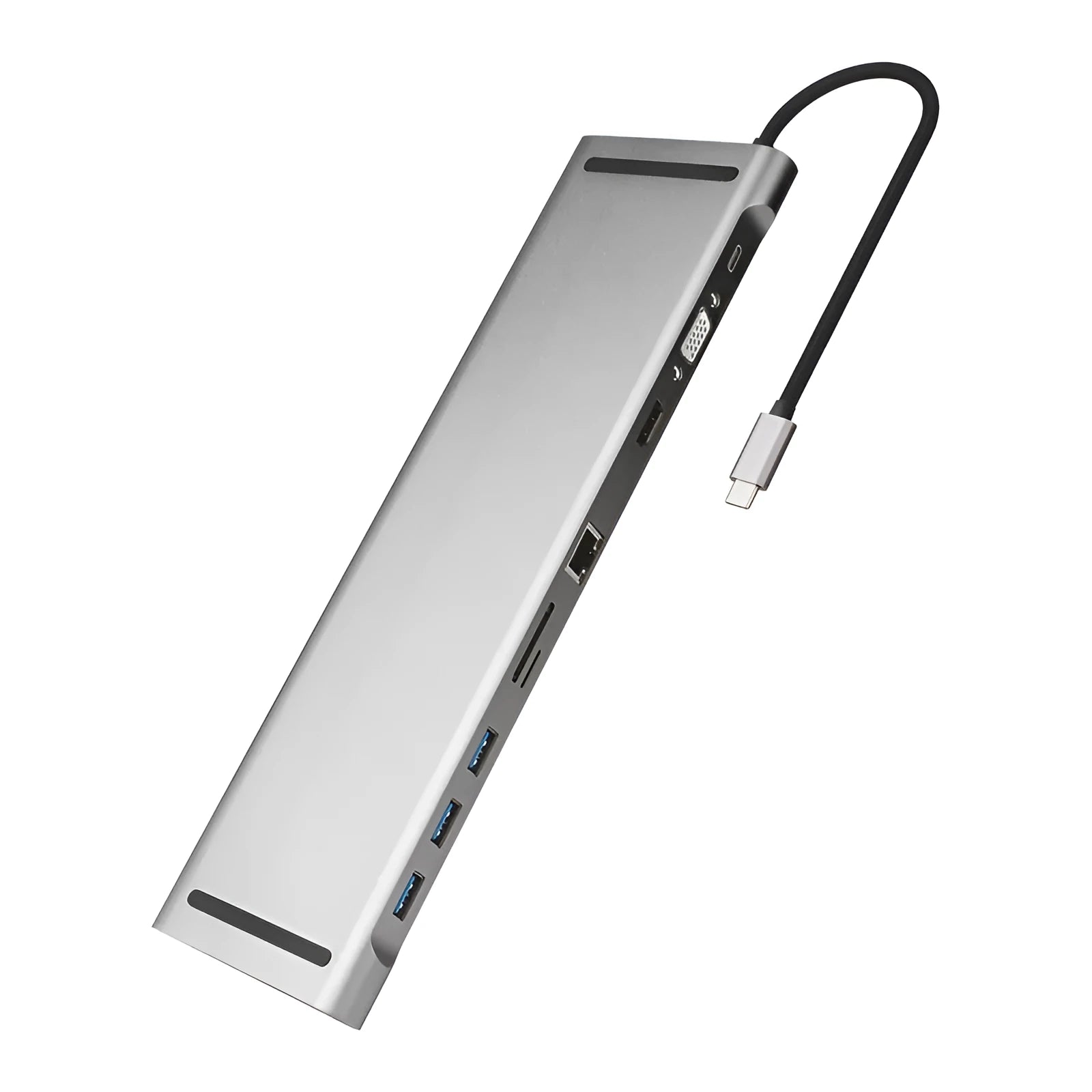 Grey aluminium alloy ten-port docking station hub with cooling bracket showing HDMI, VGA and USB ports