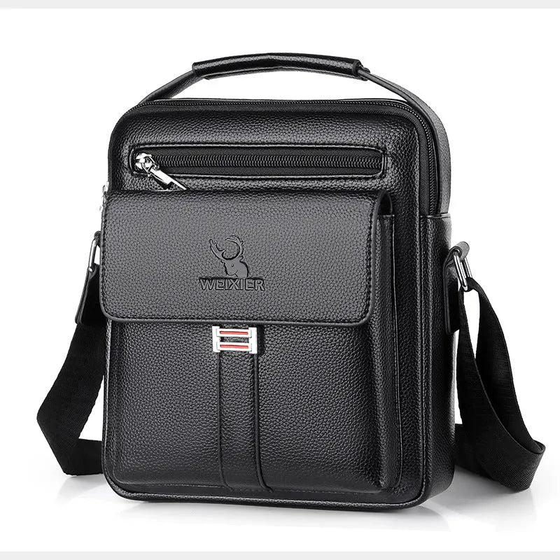Men's PU leather crossbody shoulder bag in black plain finish with visible sewing line detail and crossbody strap