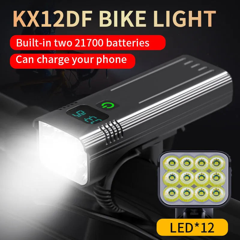 Black KX12DF digital display bicycle headlight with USB port mounted on a 360-degree bracket.